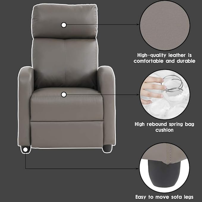 BestMassage | Recliner Chair | No Massage Function | Pu Grey | with Lumbar Support, Adjustable Push Back, Wide Armrests, Footrest & Padded Seat | Easy Assembly | for Living Room, Home Theatre-Ruum Studio Home