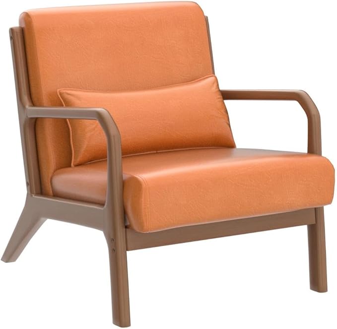 Glitzhome 30" H Mid Century Yellowish Brown Accent Armchair, Single Reading Sofa, PU Leather Lounge Chair with Walnut Ruberwood Frame for Livingroom or Office-Ruum Studio Home