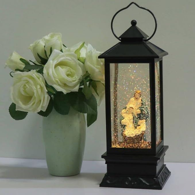 Eldnacele Battery Operated Plug-in Musical Lighted Christmas Water Snowing Glittering Snow Globe Lantern with Timer Christians Nativity Lantern Decor, Holy Family-Ruum Studio Home