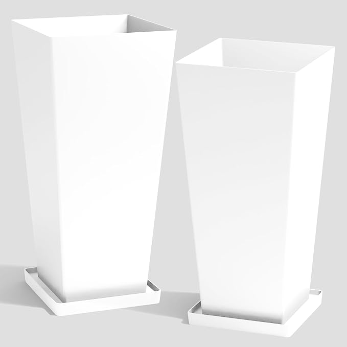 WORTH Garden Large 28 in.Tall Planters Set of 2 for Indoor and Outdoor, Heavy Duty Plastic White Modern Taper Flower Plant Pots with Drainage Hole and Dual-Purpose Tray for Front Porch, Patio-Ruum Studio Home