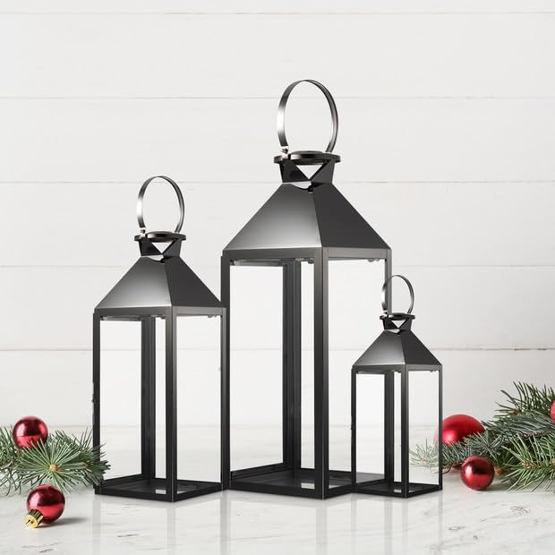 MATICO Stainless Decorative Pinnacle Candle Lantern Set of 3, Hanging Decor Hurricane Lantern Candle Holder for Festival Ceremony Home Decor, Both Indoor & Outdoor Use, Black-Ruum Studio Home