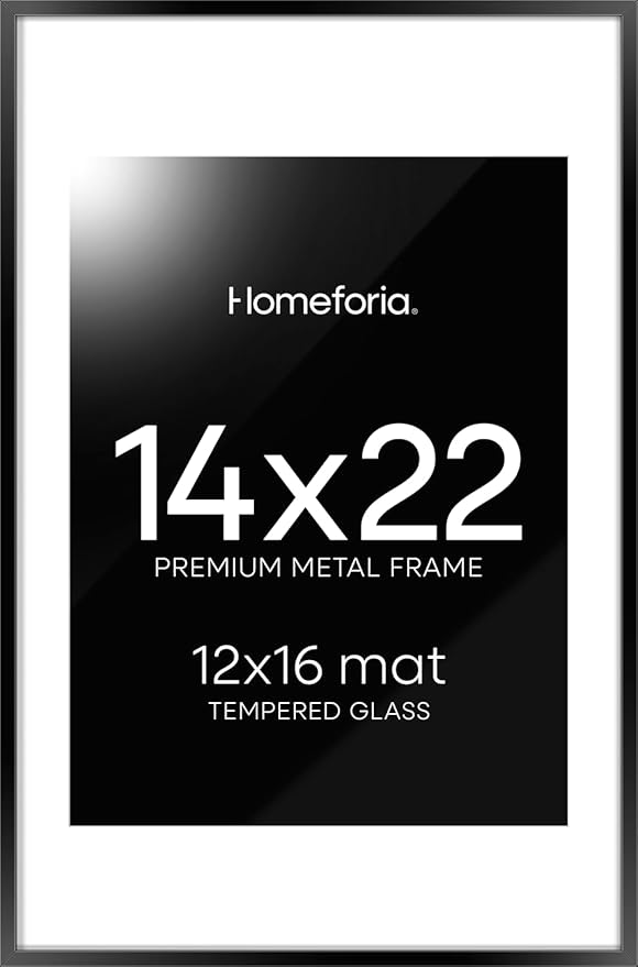Homeforia 14x22 Picture Frame Black, High End Metal 14 x 22 Poster Frames with Mat 12 x 16 for Photo, 14x22 Black Frame Matted to 12x16 inch Print, 22x14 Thin Frame, Tempered Glass, Wall Kit, Set of 1-Ruum Studio Home