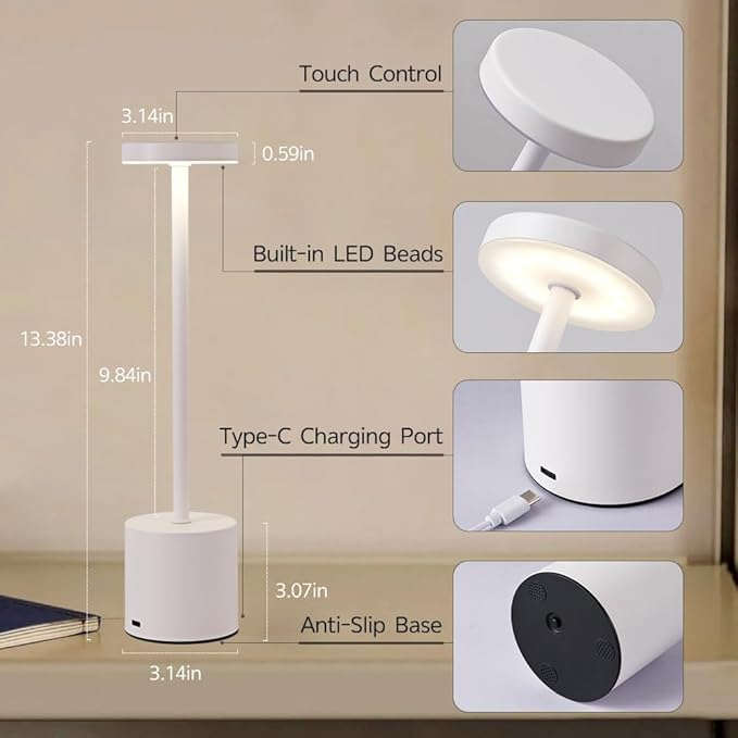 Cordless Table Lamp, 5000mAh Rechargeable Battery Powered LED Desk Lamp, Portable Touch Control Outdoor Table Lamps,3 Color Dimmable Light for Restaurant, Patio, Bedroom, Night Lamp (White)-Ruum Studio Home