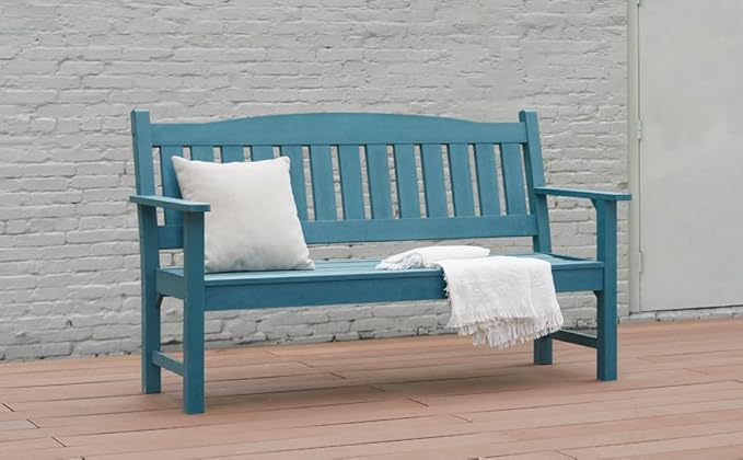 Psilvam 2-Person Outdoor Memorial Bench, All-Weather Poly Lumber Garden Bench, Rot-Resistant Outdoor Patio Bench for Park,Porch,and Church (Blue)-Ruum Studio Home