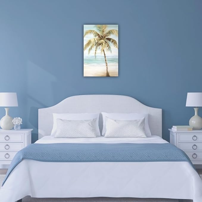LURENCZH Tropical Beach Canvas Wall Art Seaside Palm Tree Picture Wall Decor Ocean Scenery Painting Prints for Bathroom Decor Framed(Beach-1,16.00" x 24.00")-Ruum Studio Home