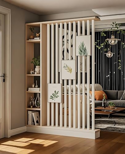 Wall Room Divider, Storage Cabinet Storage Display with Shelves, Modern Freestanding Wood Room Divider Screen, Wall Privacy Screens for Home Decorative (Beige+White,55" L x 9.5" W x 79.5" H)-Ruum Studio Home