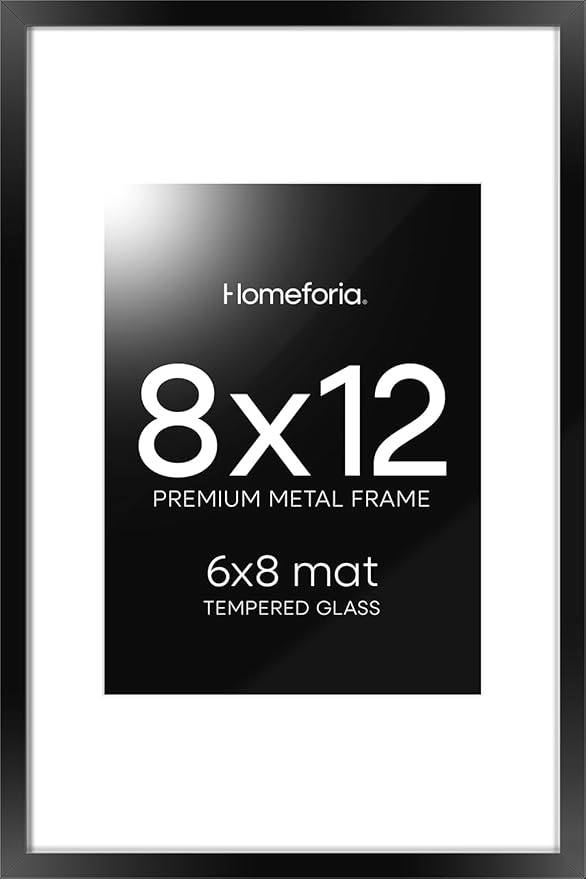 Homeforia 8x12 Picture Frame Black, High End Metal 8 x 12 Poster Frames with Mat 6 by 8 for Photo, 12x8 Frame Matted to 6x8 inch Print, 8by12 Wall or Tabletop Frame, Tempered Glass, Wall Kit, Set of 1-Ruum Studio Home