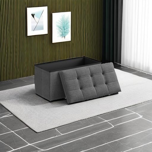 SONGMICS MAZIE Collection - 30 Inches Folding Storage Ottoman Bench, Ottoman Foot Rest, End of Bed Bench, Storage Chest, Load 660 lb, for Living Room, Bedroom, Entryway, Dark Gray ULSF47K-Ruum Studio Home