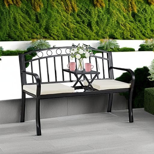 AVAWING Outdoor Metal Garden Bench, 2-Seat Patio Porch Bench with Steel Frame, Park Bench w/Pullout Middle Table＆ Cushion for Backyard Lawn Deck Entryway, Black-Ruum Studio Home
