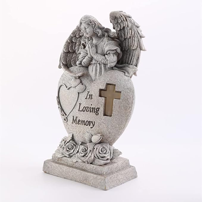 Garden Angel Statue with Cross Solar LED Light, Memorial Gifts for Loved Ones, Cemetery Grave Decorations-Ruum Studio Home