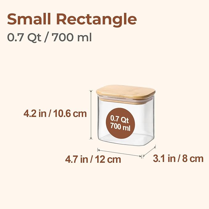 ComSaf 0.7 Qt Rectangle Glass Storage Containers with Lids, Glass Jars with Bamboo Lids, Clear Food Jar, Sugar Coffee Containers, Small Pantry Storage Container for Tea Candy Nuts Spices Oat-Ruum Studio Home