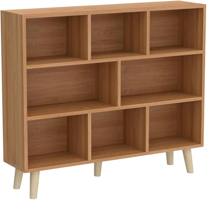 IOTXY Wooden Open Shelf Bookcase - 3-Tier Floor Standing Display Cabinet Rack with Legs, 8 Cubes Bookshelf, Pear Yellow-Ruum Studio Home