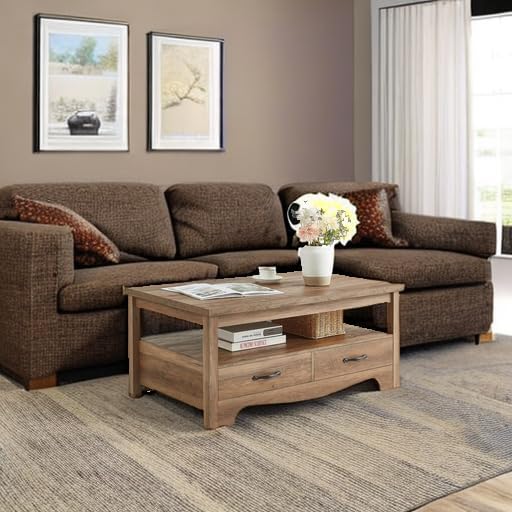 LINSY HOME Farmhouse Coffee Table with Storage, Wood Coffee Table for Living Room, Open Display Area and Storage Drawers with Metal Handles, Chic Style with Curved Base, Brown-Ruum Studio Home