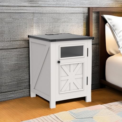 JXQTLINGMU Farmhouse End Table with Charging Station, 18'' Rustic Nightstand with Barn Door & Adjustable Shelf, Wooden Sofa Side Table with 3-Tier Storage for Living Room, Bedroom, White-Ruum Studio Home