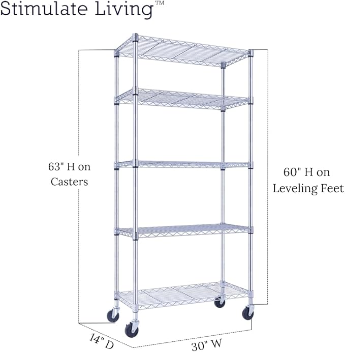 30"x14"x60" PRIME HEAVY DUTY Chrome 5-Tier Wire Shelving 1,750 LBS MAX Capacity Storage Rack for Commercial, School, Home, Garage, Warehouse, Industrial, and Hospital Uses (with Wheels)-Ruum Studio Home