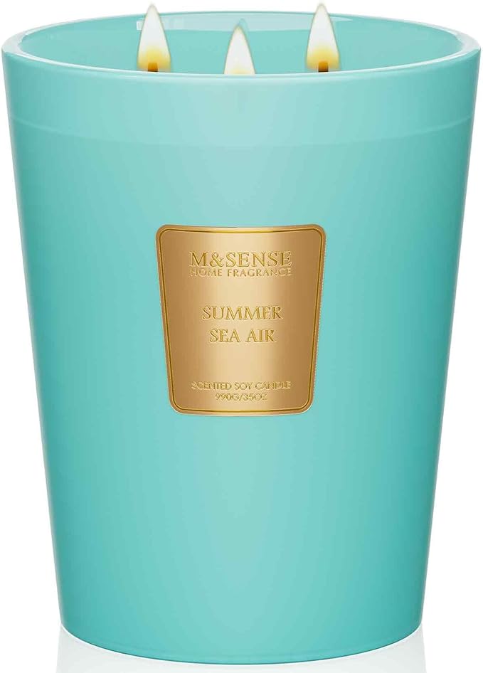 M&SENSE Summer Sea Air Scented Candle, 35 OZ Extra Large 3 Wick Natural Soy Wax Candles 150 Hours Long Lasting Slow Burning, Candles Gift for Spring Home Decor-Ruum Studio Home