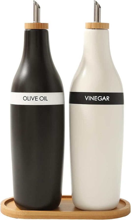 HOMCDALY Olive Oil and Vinegar Dispenser Set, Two 16oz Ceramic Oil Dispenser for Kitchen, Kitchen Dispenser Bottle for EVOO Vinegar Syrups, Modern Farmhouse Design| Set of 2 –Black &white-Ruum Studio Home