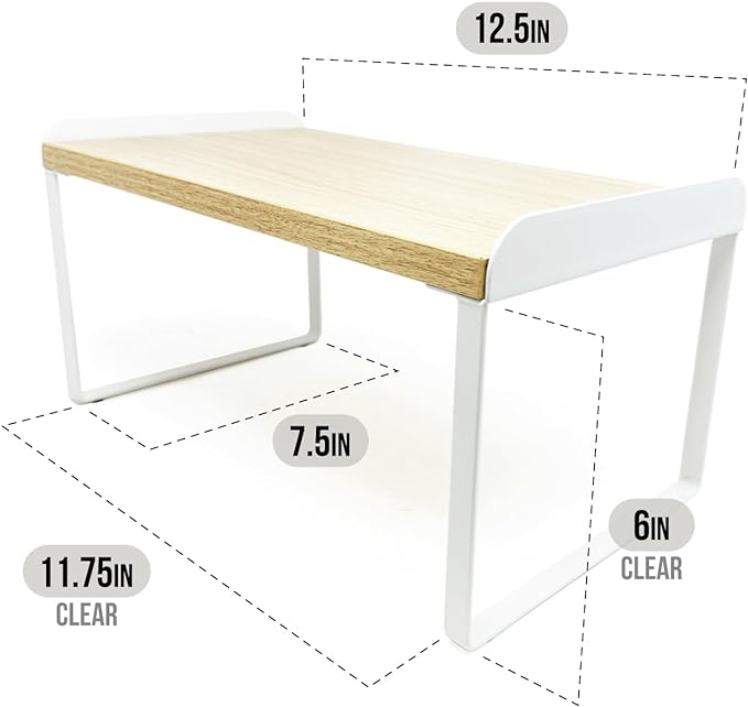 Mitus Shelf Organizer and Storage, Tiered Wood Cabinet Rack for The Kitchen Counter, Bathroom Counter, Pantry Cupboard, Office Desk Bookshelf, 12" Wide Natural and White-Ruum Studio Home