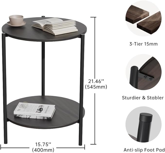 Side Table, Round End Table with 2-Layer Storage Rack, 15.7" Small Spaces Circle Table, Metal Frame Design Small Side Tables, for Living Room, Bedroom, Grey-Ruum Studio Home