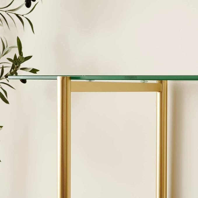 Glass Console Table for Living Room, Foyer & Entrance, 2-Tiers Mid-Century Modern Sofa Table with Clear Glass Top, Walnut Finish Wood Top and Gold Finish Metal Frame-Ruum Studio Home