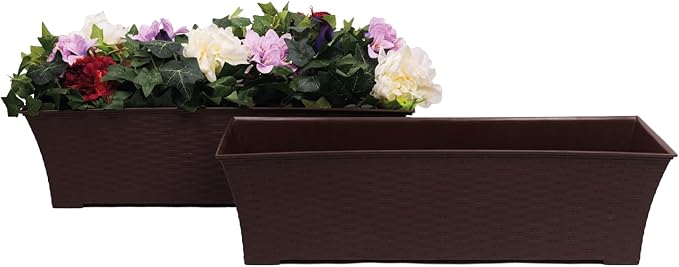 Elly Décor Set of 2 24x8 Rectangular Modern, Resistant and Self Watering Planter with Rattan-Like Finish, 24", Chocolate Brown-Ruum Studio Home