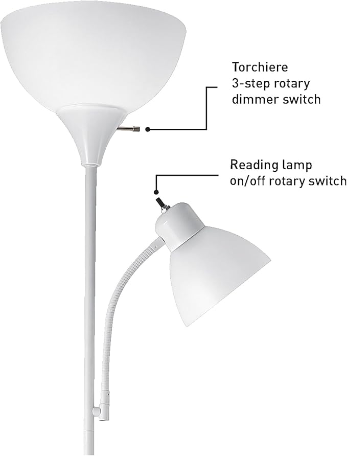 GLOBE Electric 67136 72" Torchiere Floor Lamp with Adjustable Reading Light, Matte White Finish, Frosted Shades, Rotary Switch on Socket, E26 Base-Ruum Studio Home