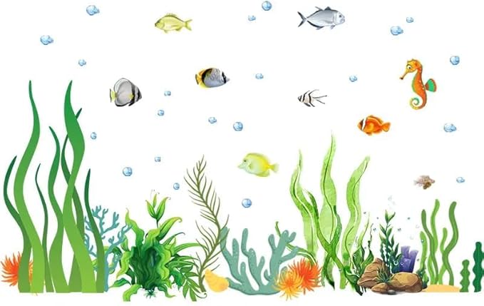 2 Sheets of 12x36 Inch Spring Summer Window Cling Sticker Fish, Plants, Aquatic Theme Window Stickers, Spring and Summer Decor, Home, Shop, Party Window, Glass, Wall Display Stickers (Aquatic Theme)-Ruum Studio Home