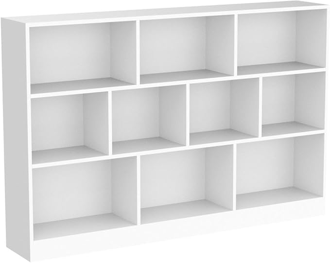 IOTXY Open Shelf Low Bookcase - Wooden 3-Tier Floor Standing Display Cabinet Organizer with Base, 10 Cubes Short Horizontal Bookshelf in Warm White-Ruum Studio Home