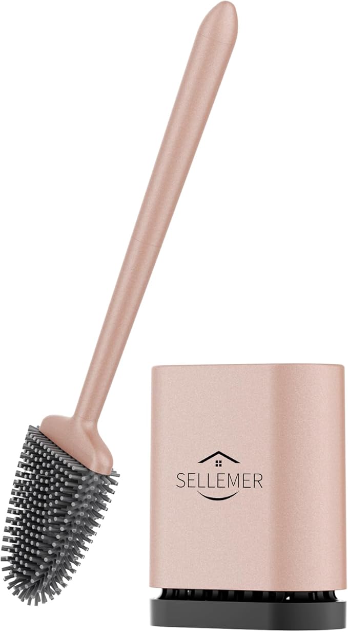 Sellemer Toilet Brush and Holder Set - Flexible Toilet Bowl Brush Head with Silicone Bristles, Compact Size for Storage and Organization, Ventilation Slots Base (1 Pack, Rose Gold)-Ruum Studio Home
