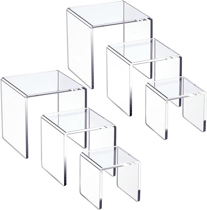 HIIMIEI Clear Acrylic Display Risers 2 Sets, 3-Tier Risers Stands Showcase for Amiibo Funko Pop Figures, Dessert, Jewelry-3"x4"x5"-Ruum Studio Home