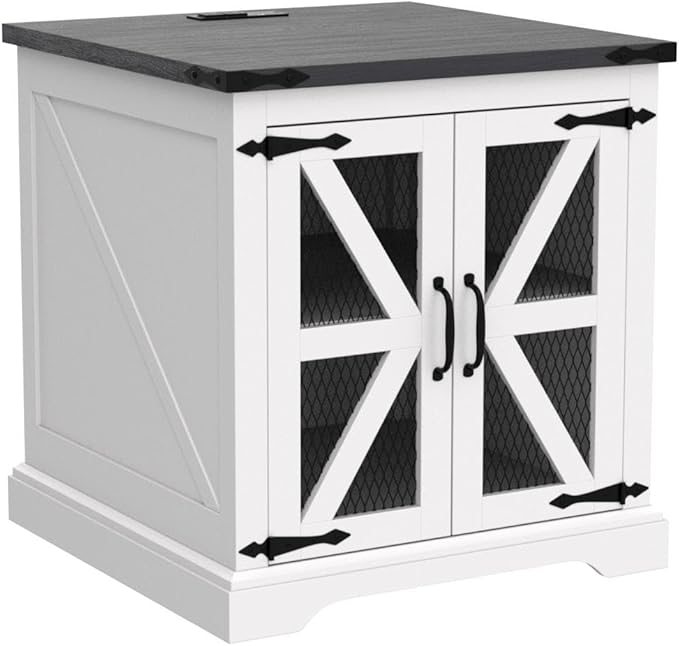 JXQTLINGMU Farmhouse End Table, 24" Large Sofa Side Table with Charging Station, Mesh Barn Door, and Adjustable Storage Shelf, Rustic Wood Square Nightstand for Living Room, Bedroom, Office, White-Ruum Studio Home