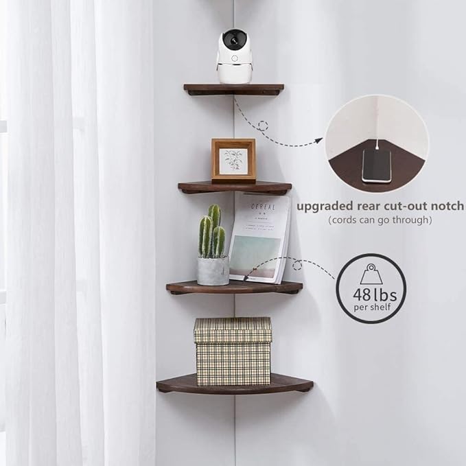 Corner Shelf, Solid Oak Wood Floating Corner Shelf Wall Mount Round End Floating Speaker with Wire Hole for Small Plant Photo for Bedroom Kitchen, Living Room-Ruum Studio Home