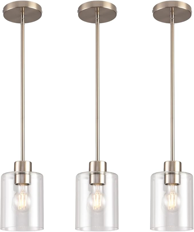Brushed Nickel Pendant Lights Kitchen Island - Clear Glass Pendant Light Fixture Multiple Stems Rods 3 Units 12 Inch 3 Units 4 Inch (3 Pack Brushed Nickel)-Ruum Studio Home