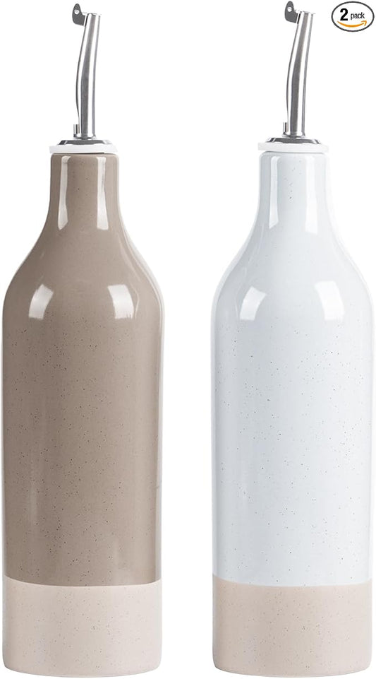 famiware Milkyway 16oz Ceramic Olive Oil Dispenser Bottle, Olive Oil and Vinegar Dispenser Bottle Set of 2 with Stainless Steel Pourers, Suitable for Storage Liquids, Light Gray and Cinnamon Brown-Ruum Studio Home
