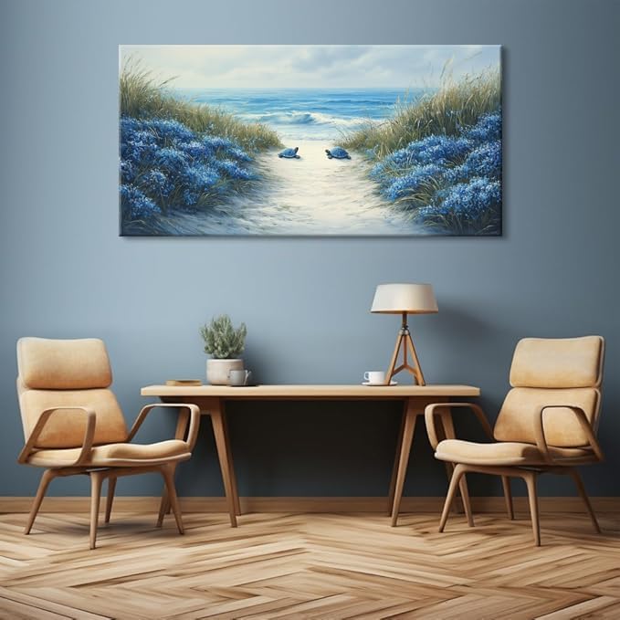 LASMOND Romantic Beach Wall Art for Living Room Blue Sea Turtle Lovers Canvas Painting Prints Ocean Sandy Romance Flowers Large Bedroom Office Decor Artwork (58x28 Inches)-Ruum Studio Home