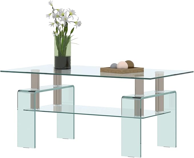 Glass Coffee Table for Living Room, Modern Rectangle All Tempered Glass Table 8mm Clear Transparent Top Home Furniture for Small Space Bearing 220LB-Ruum Studio Home