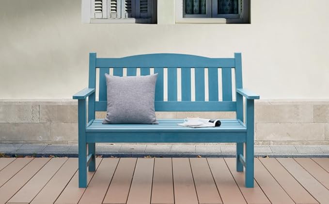 Psilvam 2-Person Outdoor Memorial Bench, All-Weather Poly Lumber Garden Bench, Rot-Resistant Outdoor Patio Bench for Park,Porch,and Church (Blue)-Ruum Studio Home