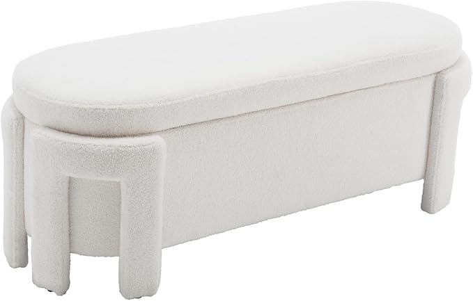 Modern Upholstered Storage Bench, Boucle Sherpa Fabric 50" Long Entryway Bench with Storage and Seating, Comfy Cute Ottoman Bench for Living Room/End of Bed/Hallway, White-Ruum Studio Home