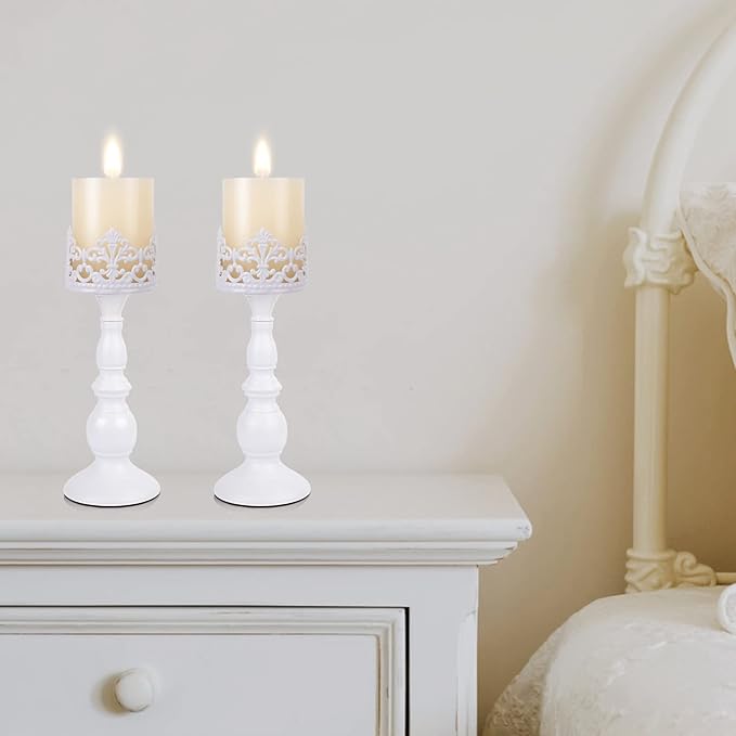 Candle Holders for Pillar Candles Gothic Matte Black Vintage Tall Candle Holders Set of 2 Decorative Large Table Centerpieces Candle Stand Decor (White 2PCS A)-Ruum Studio Home