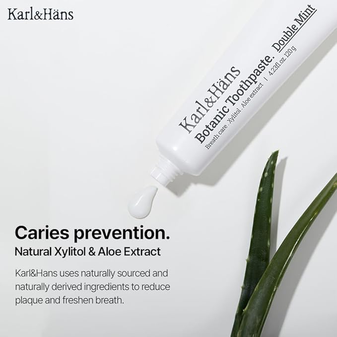 Karl&Hans Botanic Double Mint Toothpaste with Fluoride - Natural, Freshens Breath, Strengthens Enamel, Whitens Teeth, and Soothes Sensitive Teeth with Xylitol and Aloe Extracts, 4.23 oz-Ruum Studio Home