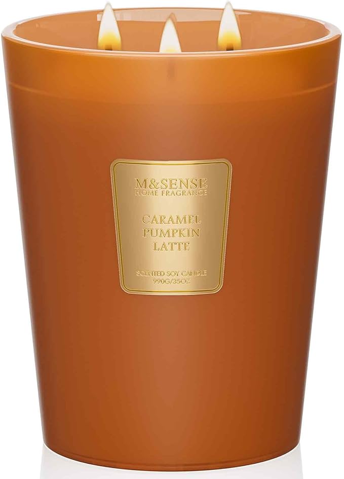 M&SENSE Large Candles Caramel Pumpkin Latte Scented, 3 Wick Natural Soy Candles for Home Scented, 150H Long Lasting Slow Burn Jar Candle 35oz, No Toxic Aromatherapy Candle for Stress Relief-Ruum Studio Home