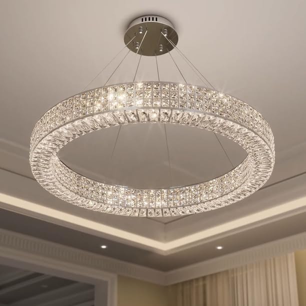 Dia 32" Ring Crystal Chandelier Modern Silver Ring Chandelier Adjustable Height Luxury Crystal Pendant Ceiling Light Fixture for Dining Living Room Bedroom-Ruum Studio Home