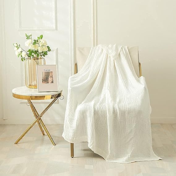 EMME Cotton Blanket for Couch Breathable Gauze All Season Soft and Lightweight Muslin White Throw Blankets for Adults (White, 50"x70")-Ruum Studio Home