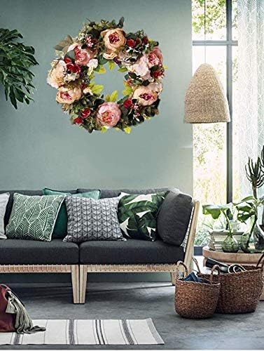 Peony Spring Wreath for Front Door, Handmade Pink Floral Wreath Artificial Spring Garland Wreath for Front Door Wall Wedding Party Home Deco-Ruum Studio Home