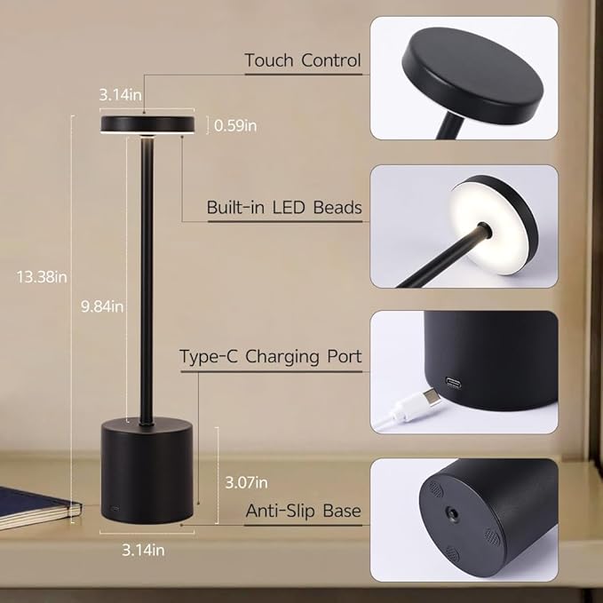 Cordless Table Lamp, 5000mAh Rechargeable Battery Powered LED Desk Lamp, Portable Touch Control Outdoor Table Lamps,3 Color Dimmable Light for Restaurant, Patio, Bedroom, Night Lamp (Black)-Ruum Studio Home