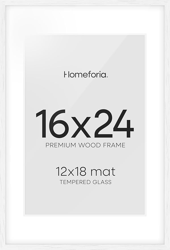 Homeforia White Picture Frame 16x24, High End Oak White 16x24 Frame with Mat 12x18 Photo, 16 x 24 Wooden Poster Frames Matted to 12 by 18, 24x16 Wood Hanging Frames, Tempered Glass, Wall Kit, Set of 1-Ruum Studio Home