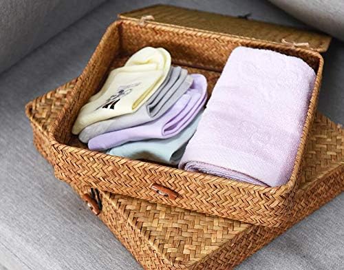 Seagrass Storage Basket Box with Lid Rectangular Woven Shelf Baskets Bins for Organize Snack Toys Set of 2 Natural Decorative(Large+Small)-Ruum Studio Home