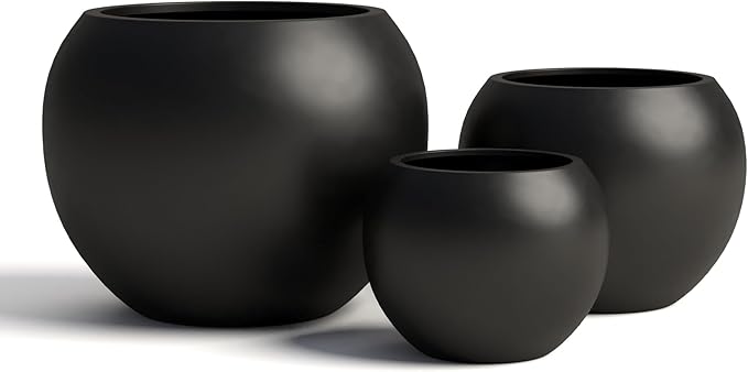 DTY Signature Mount Sherman Lightweight Durable Modern Fiberstone Sphere Planter for Indoor & Outdoor Drainage Hole & Rubber Plug Weather Resistant, 17" H x 21" Dia 14.4" Pot Opening - Large, Black-Ruum Studio Home