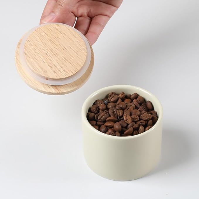 Sweejar Kitchen Canisters Ceramic Food Storage Jar, Stackable Containers with Airtight Seal Wooden Lid for Serving Ground Coffee, Tea, Sugar, Spice and More - 5 Fl Oz(Beige)-Ruum Studio Home