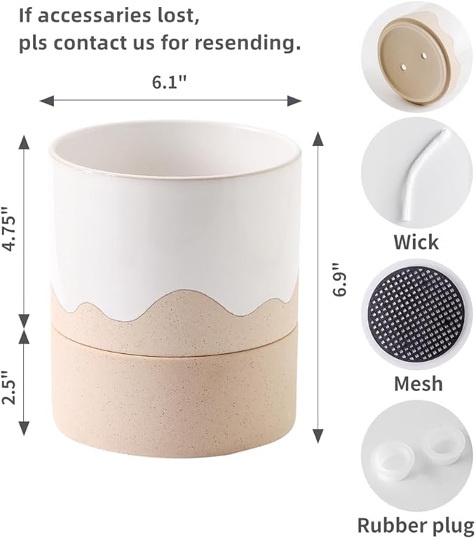 Nihow Self Watering Plant Pot: 6 Inch Ceramic Planter with Drainage Hole & Water Storage Plus for Indoor & Outdoor Plants - Cylinder Round Flower Pot for Succulent/Herbs/Violets - White & Nature-Ruum Studio Home